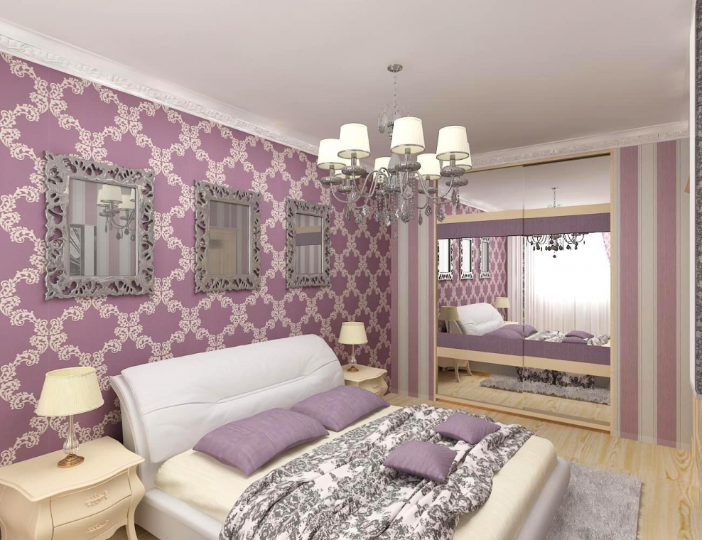 Сиреневые обои в спальне- гостиной