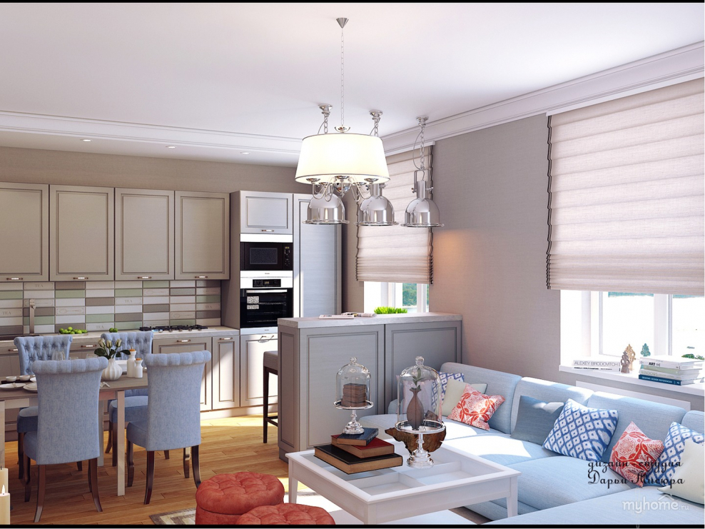 Шторы в гостиную совмещенную с кухней