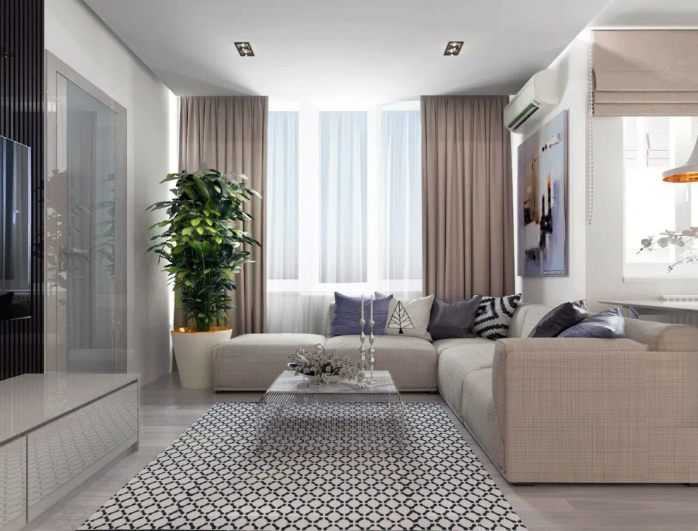 Интерьер небольшой гостиной с балконом