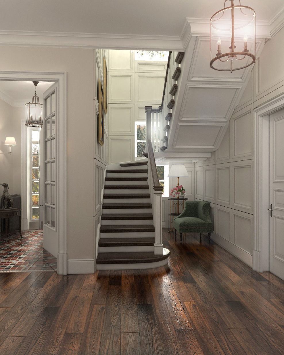 Интерьер холла с лестницей