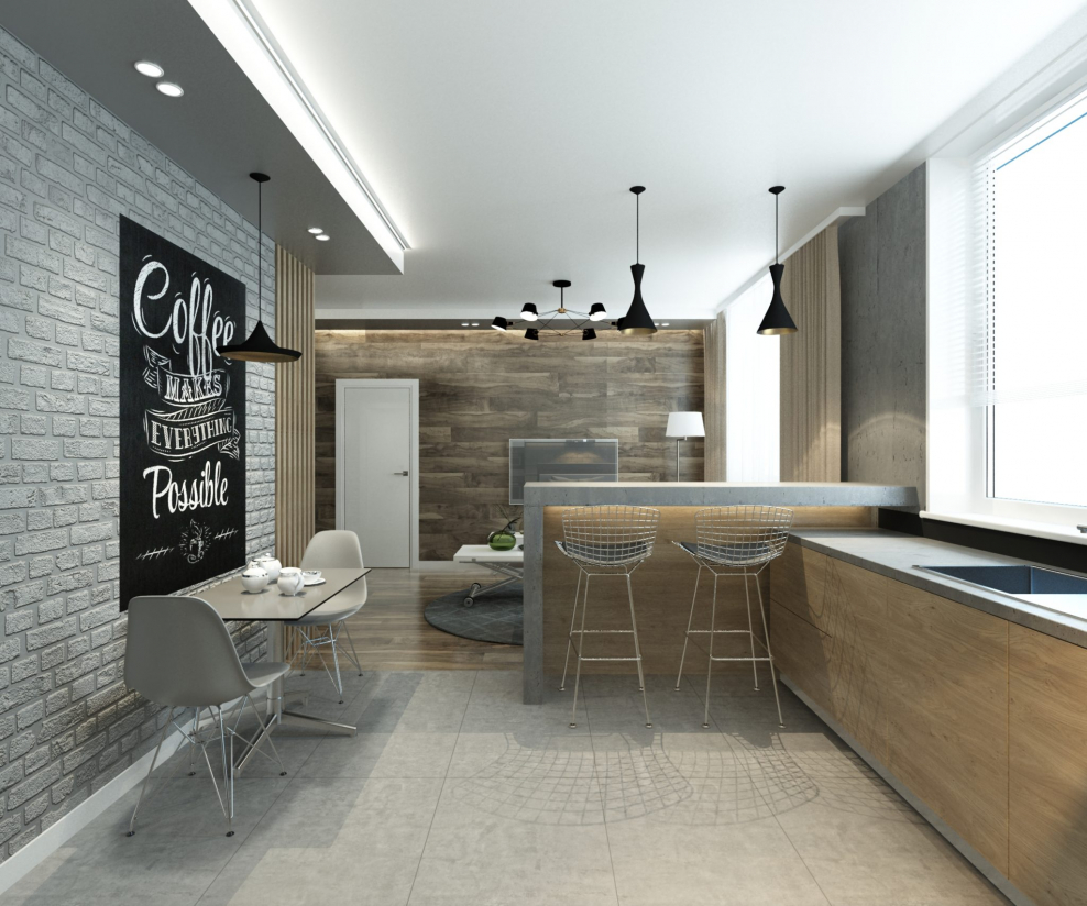Кухня гостиная в стиле лофт 2021