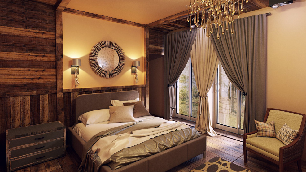 Шторы в спальню в стиле Шале
