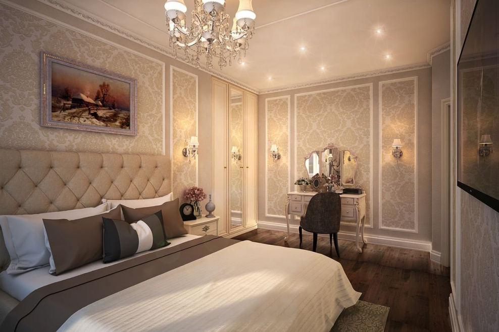Спальня в неоклассическом стиле в светлых тонах