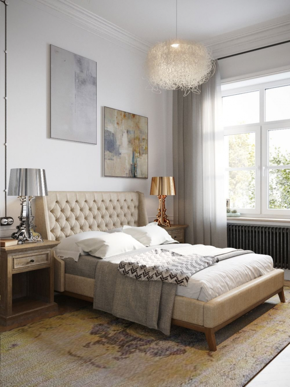 Светлая кровать в интерьере