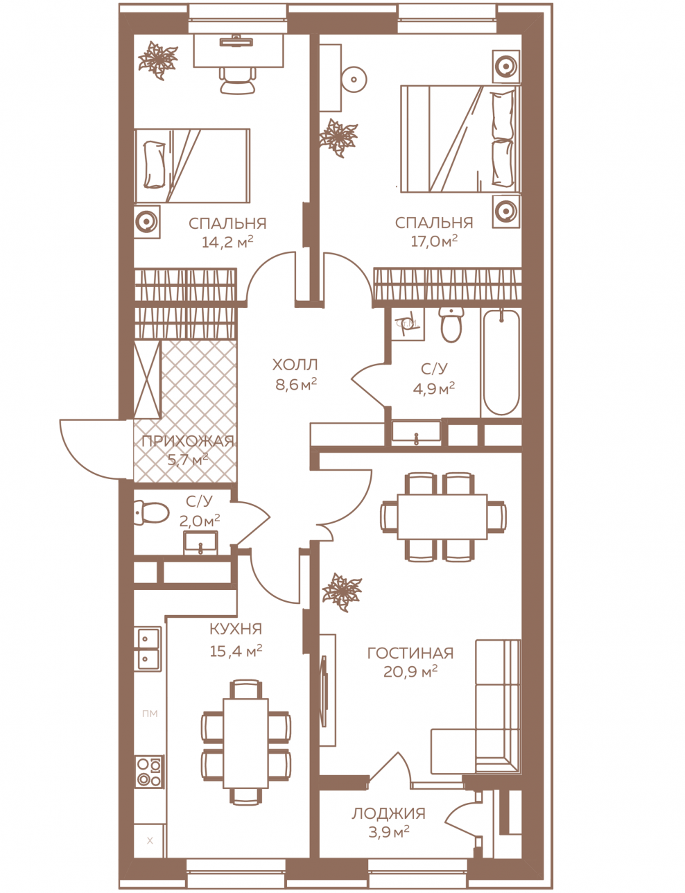 План трехкомнатной квартиры с двумя санузлами