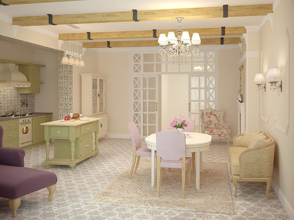 Кухня-столовая 20 кв.м в прованском стиле