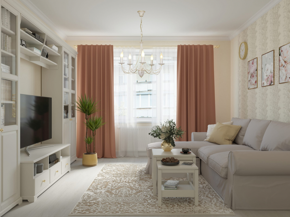 Простая гостиная в бежевых тонах