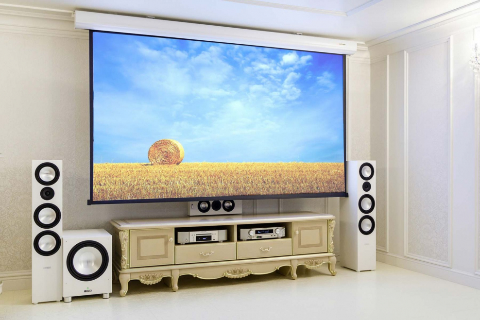 Гостиная с проектором и камином