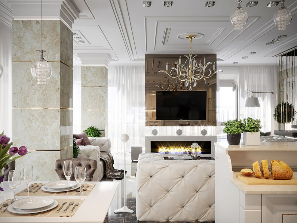 Объединенная кухня гостиная Неоклассика