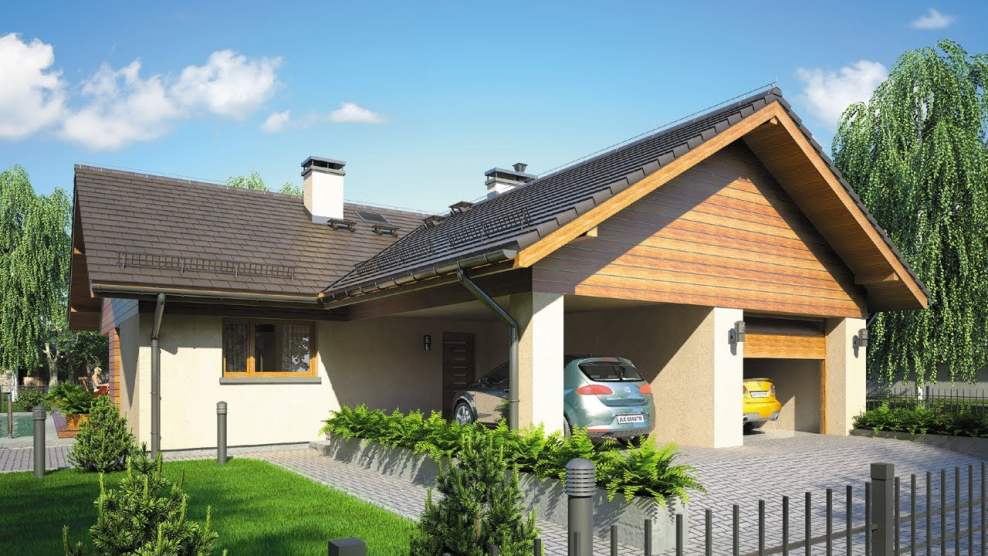 Одноэтажный дом с гаражом и навесом