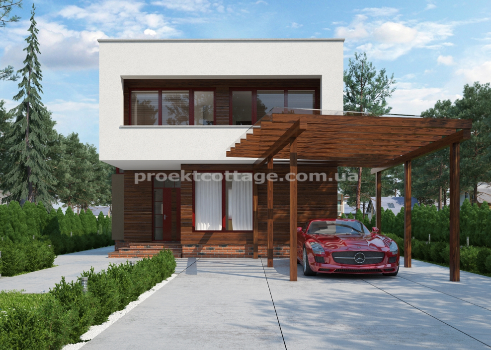 Дом с плоской крышей и навесом