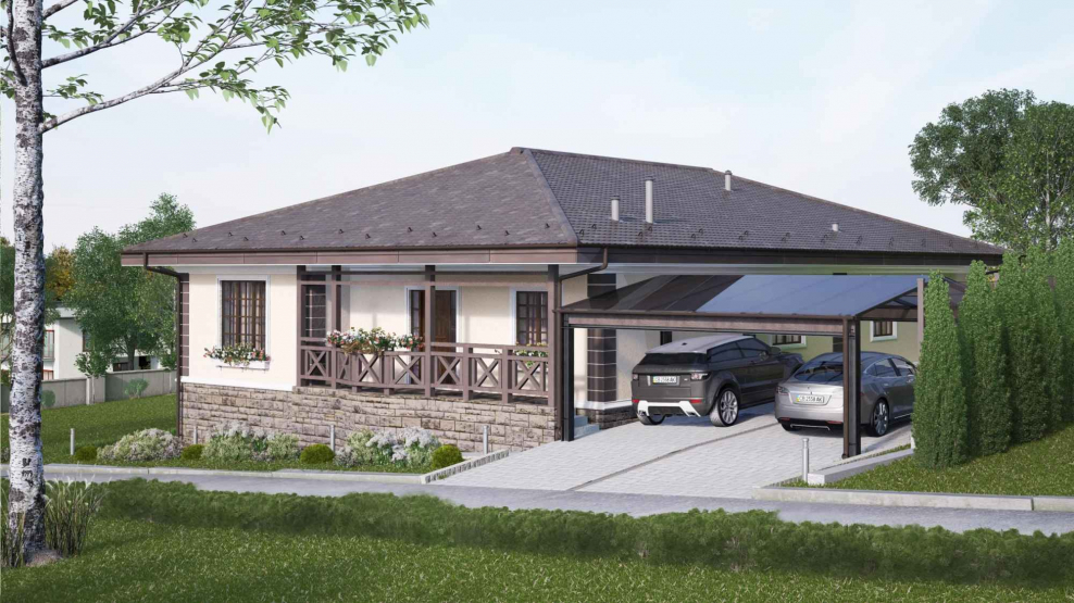 Одноэтажный дом с гаражом и навесом