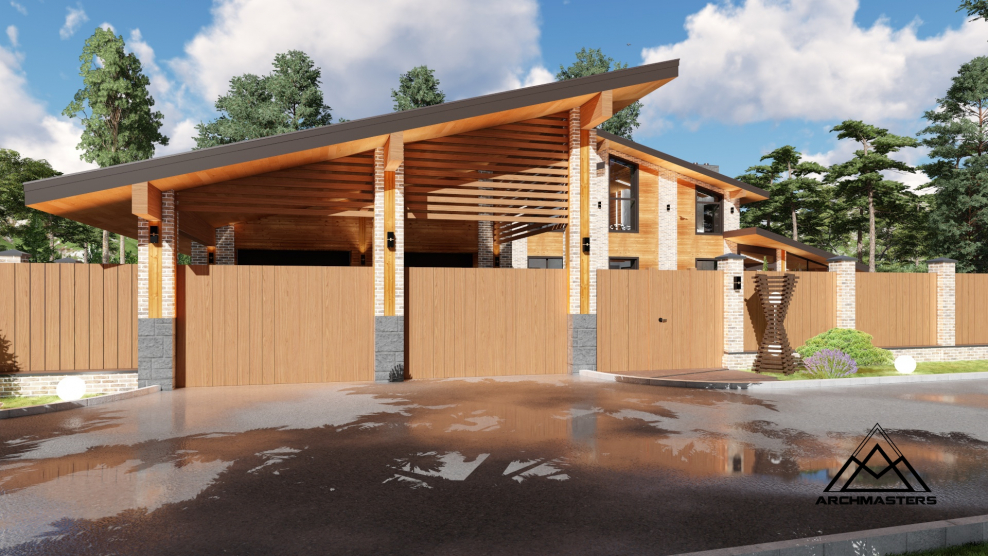 Гараж с навесом под одной крышей