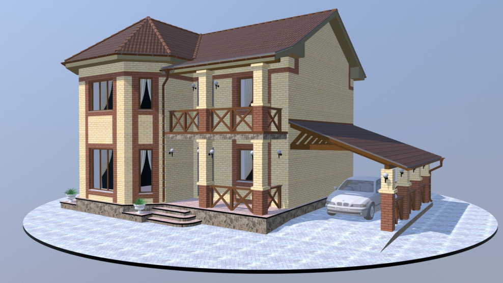 Двухэтажный дом с навесом для машины