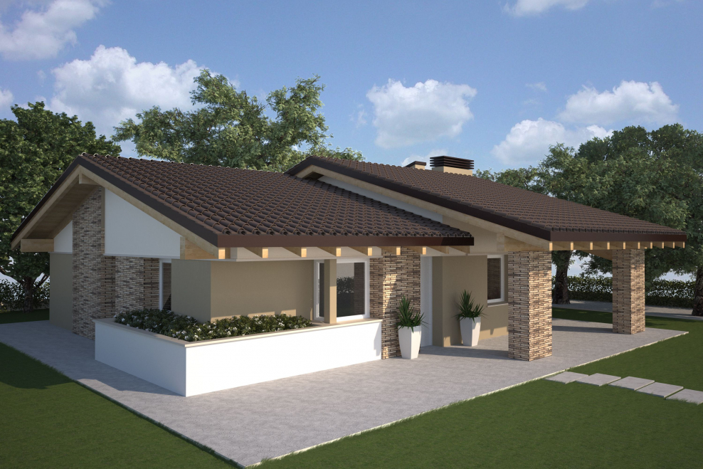 Одноэтажный дом с навесом под одной крышей