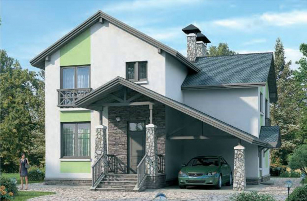 Дом с мансардой крыльцом и гаражом