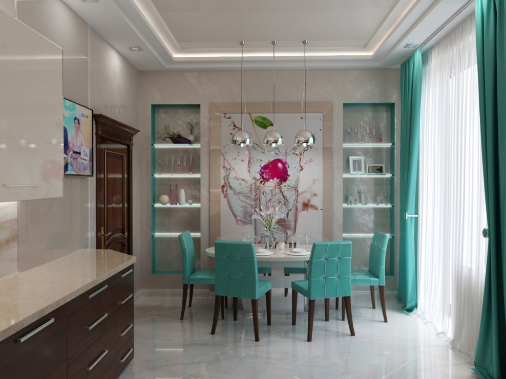 Бежевая кухня с бирюзовыми акцентами