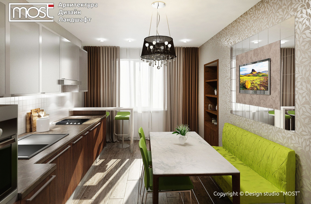 Коричневая кухня с яркими акцентами