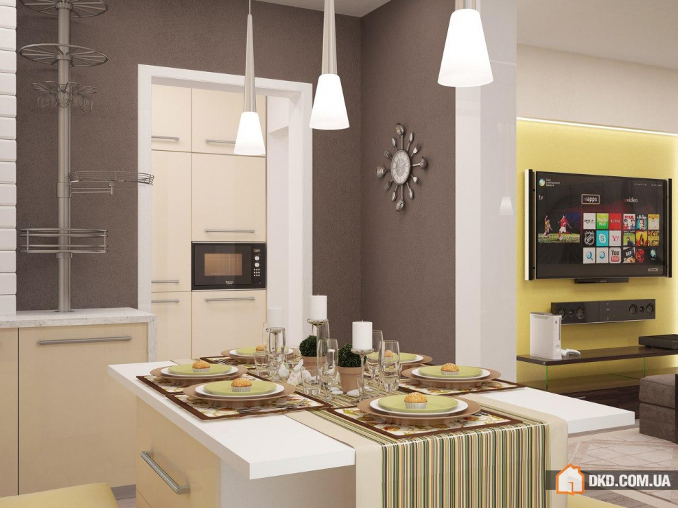 Кухня гостиная с голубыми акцентами