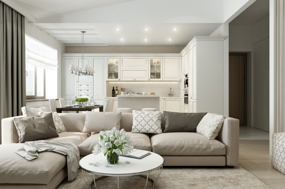 Кухня гостиная с белым гарнитуром