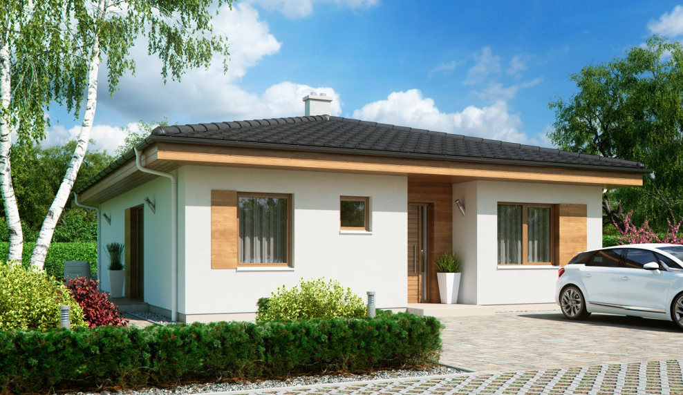 Одноэтажный дом с четырехскатной крышей и гаражом