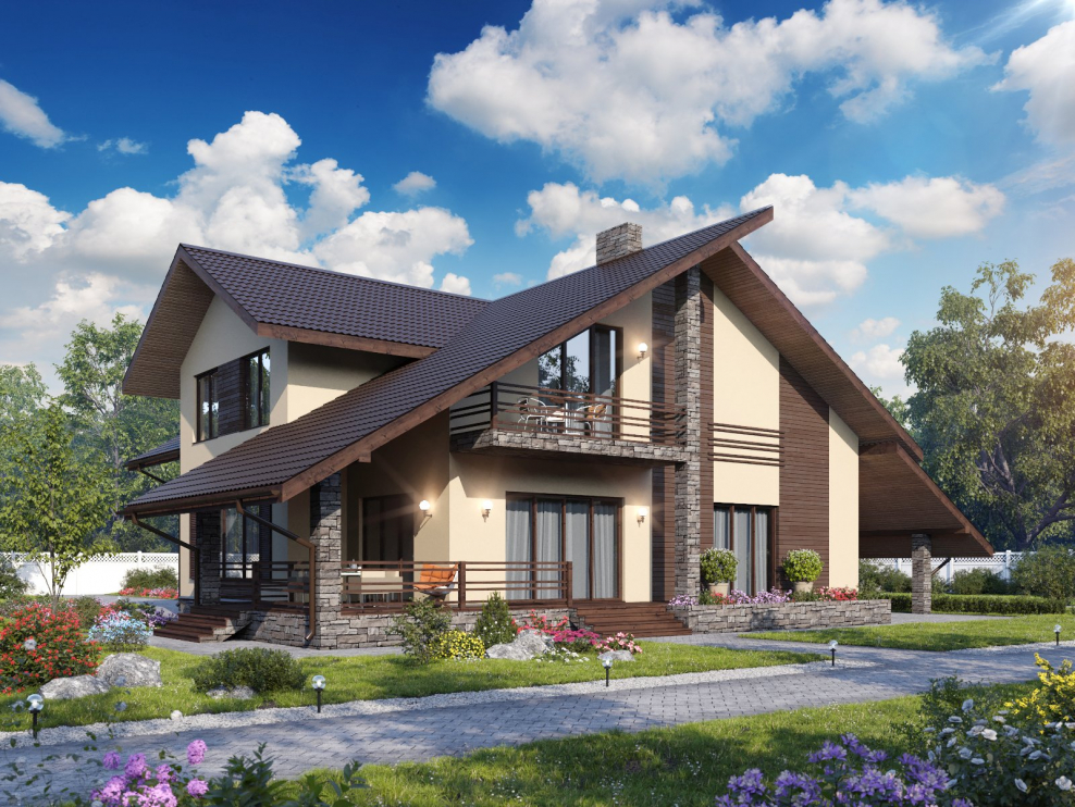 Дом с двускатной крышей и террасой