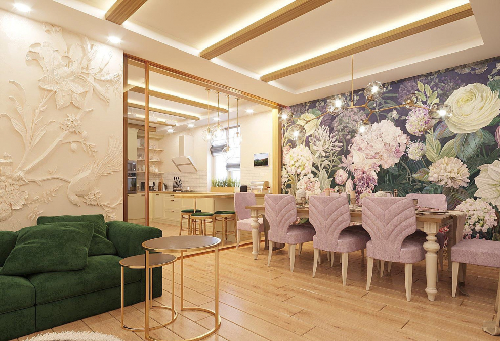 Фотообои в кухне гостиной