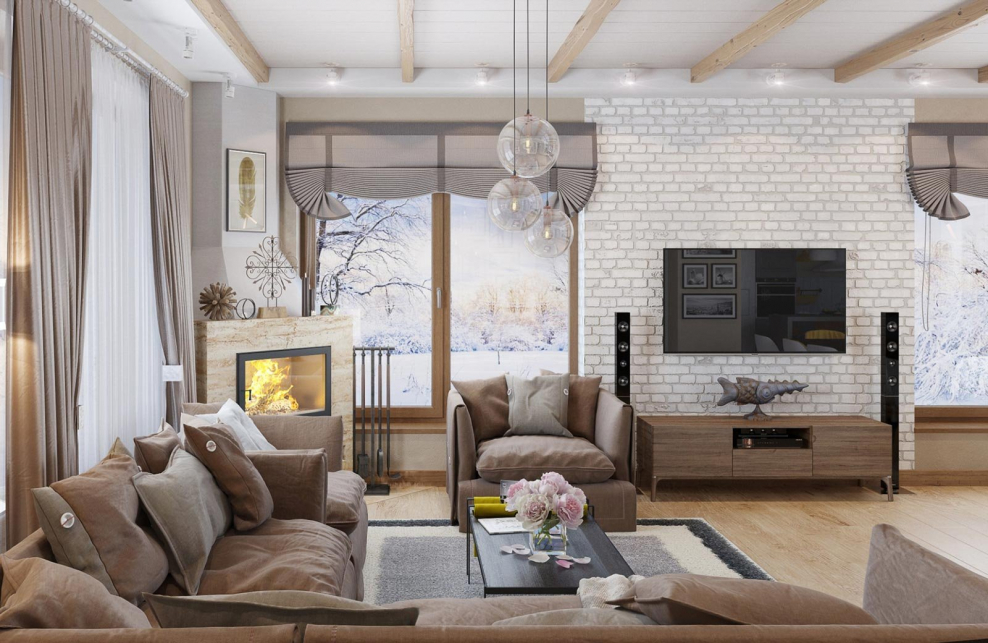 Гостиная с кирпичной стеной и камином