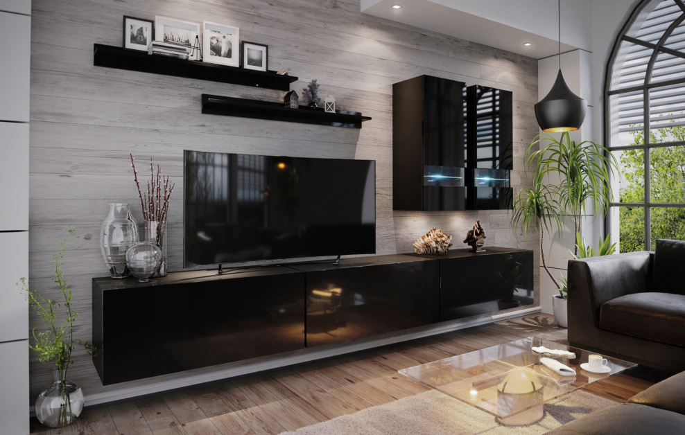Черная стенка в интерьере гостиной