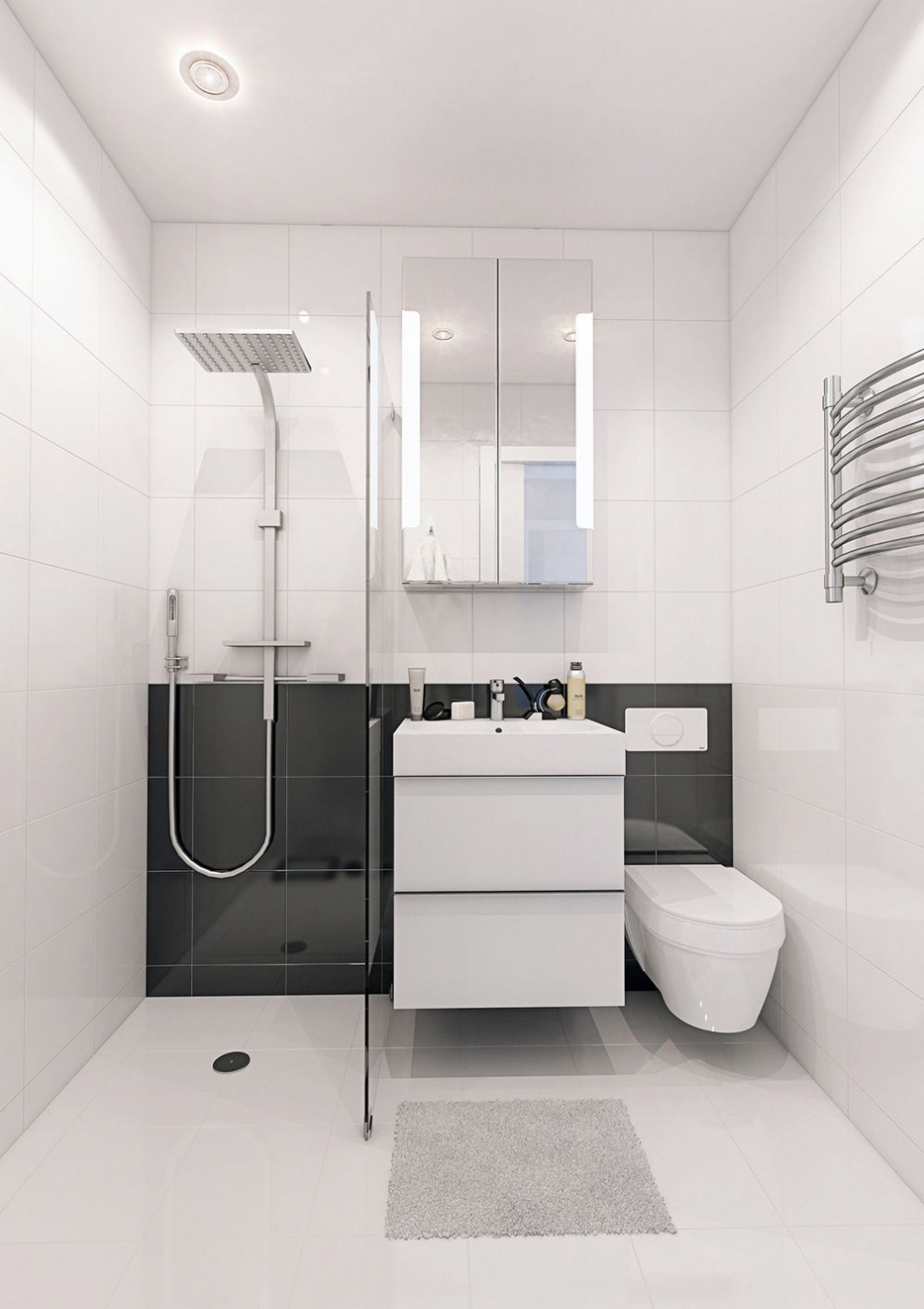 Маленький санузел черно белый серый