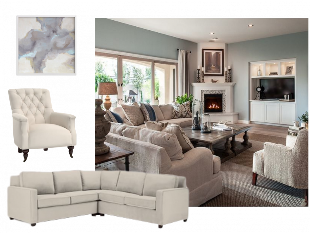 Большая бежевая гостиная с камином