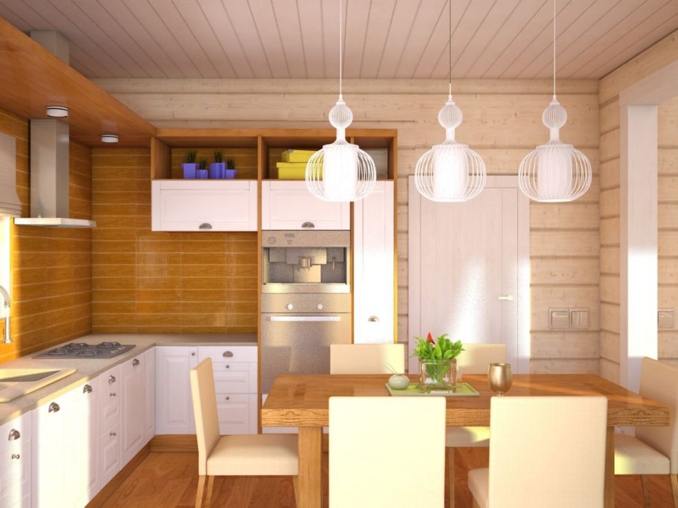 Планировка для кухни с деревянными стенами