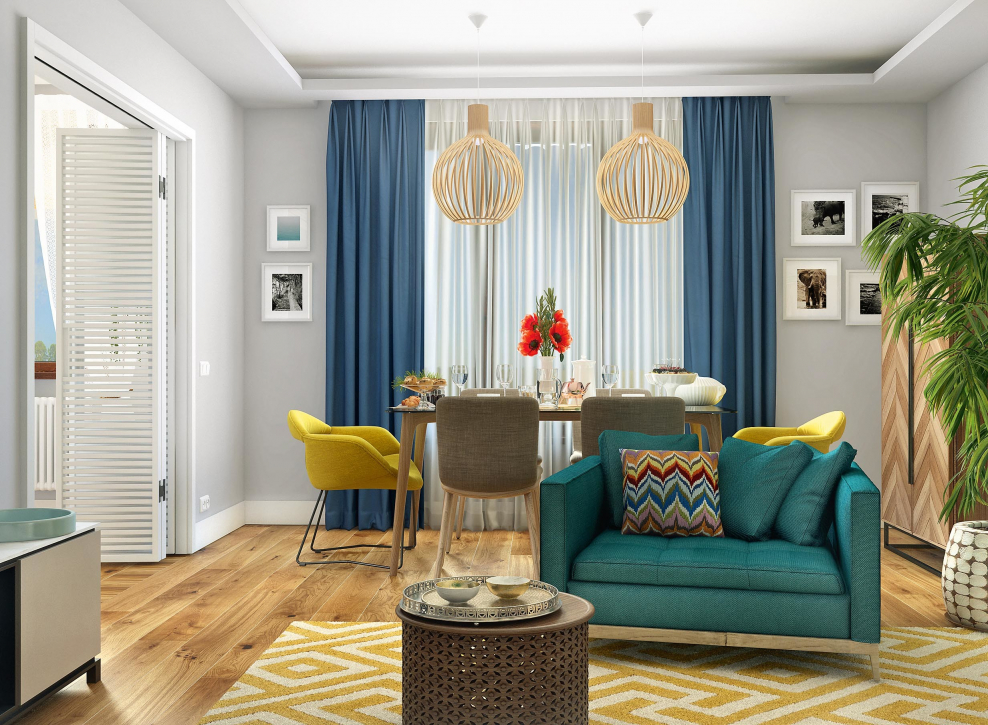 Бирюзовые занавески в интерьере и желтый диван