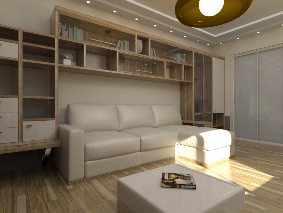 Дизайн гостиной с компьютерным столом в квартире в бежевых тонах