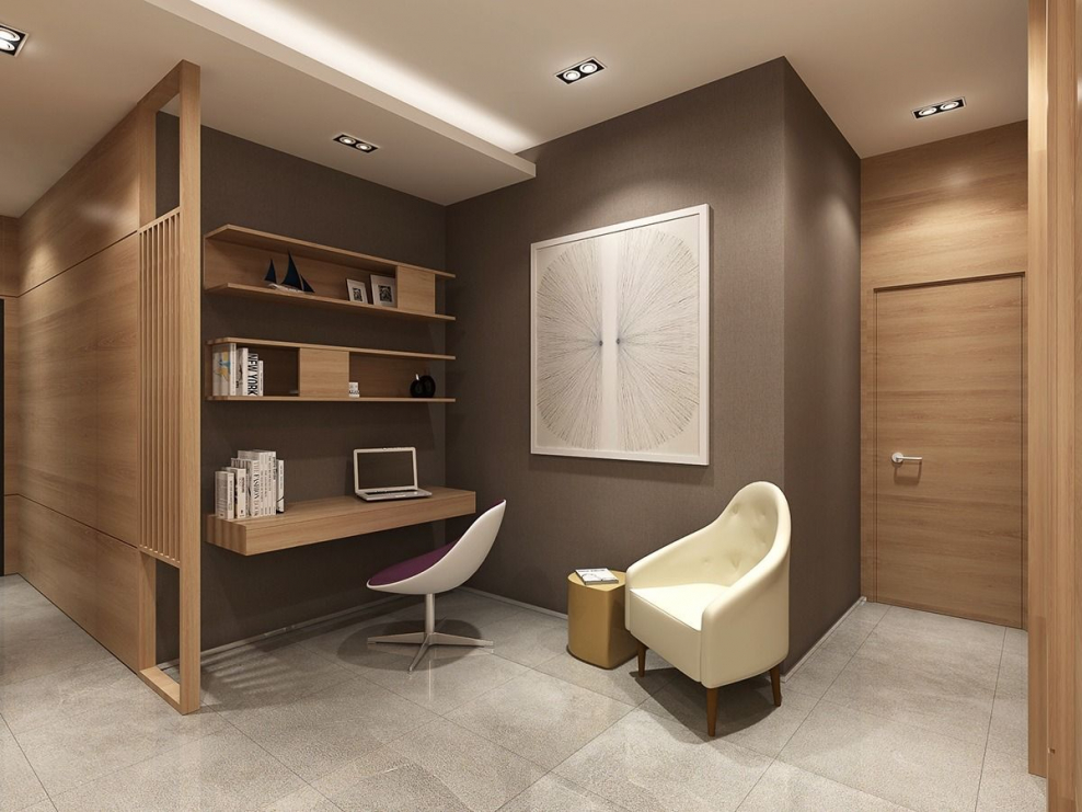 Стены офиса коричневые и бежевые