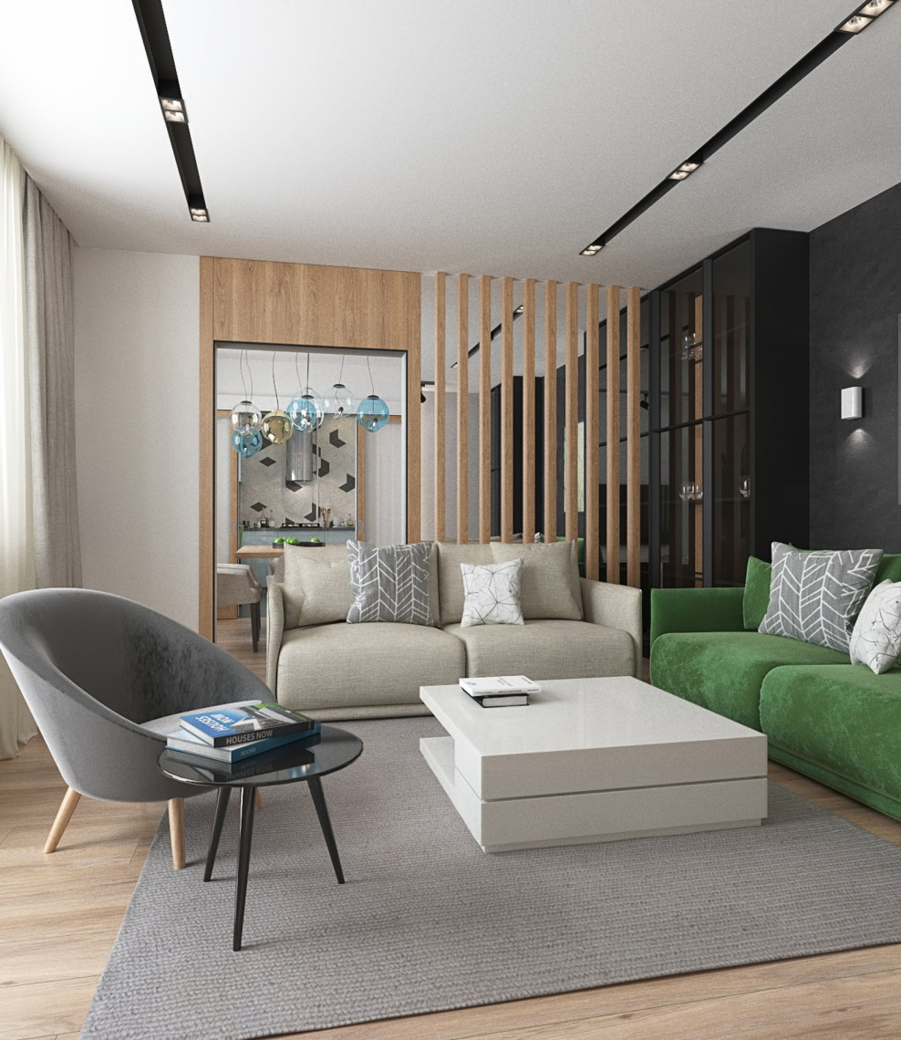 Гостиная в сером цвете с яркими акцентами