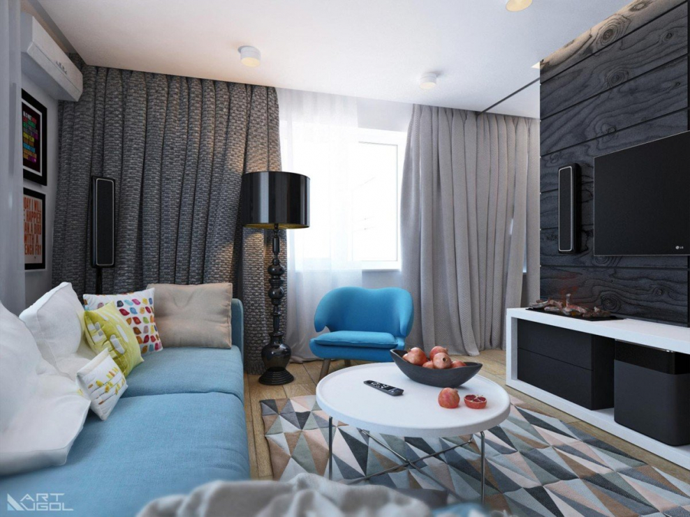 Кухня-гостиная в сером цвете с яркими акцентами