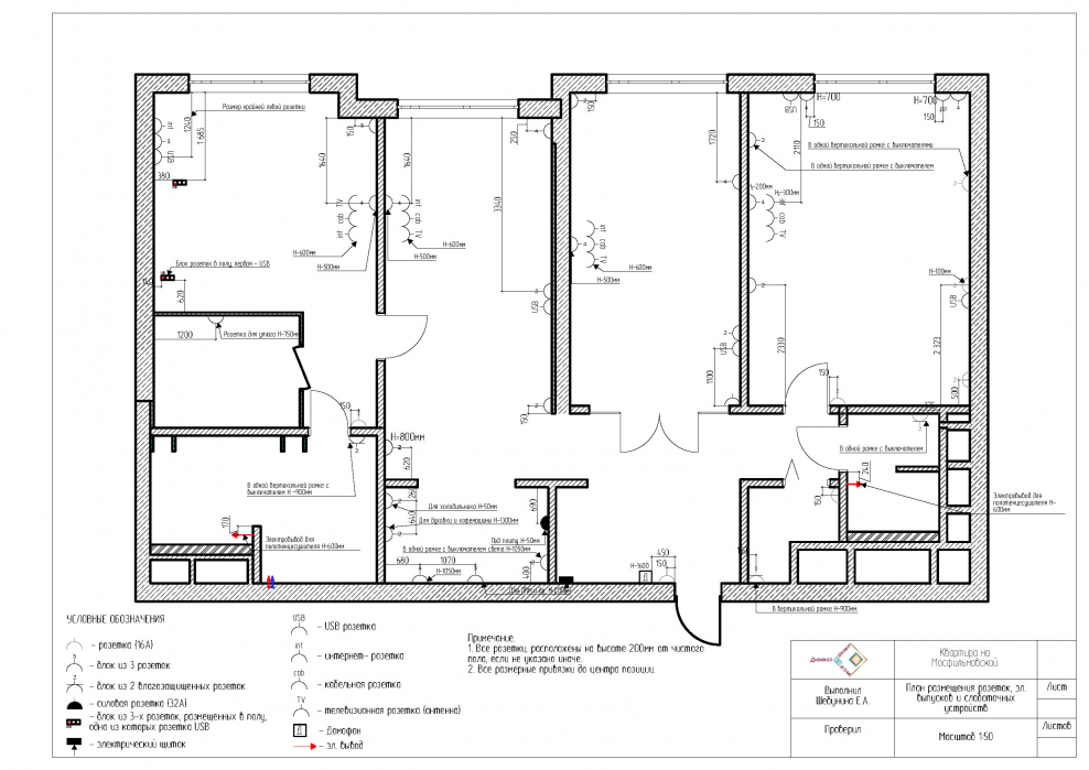 План розеток в спальне