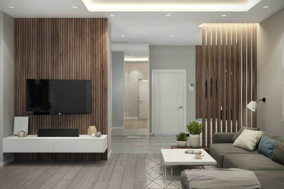 Гостиная с деревянными рейками