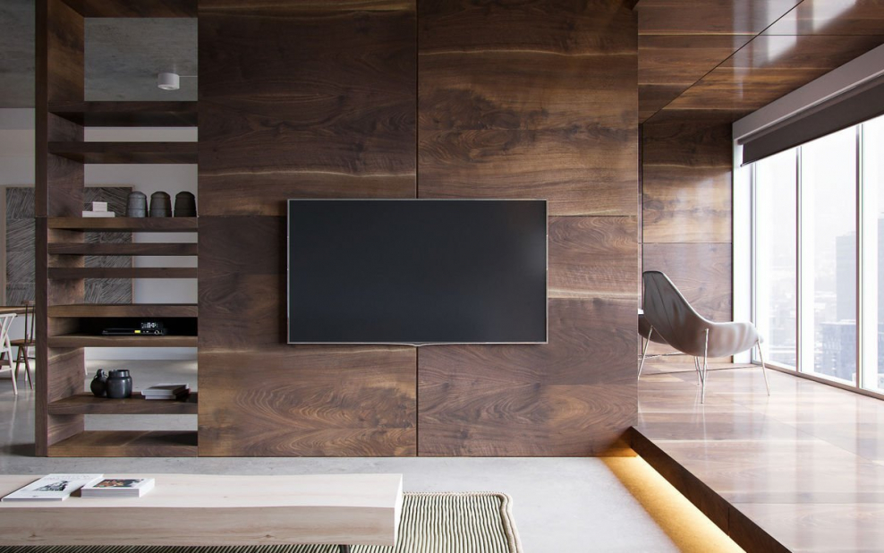 Гостиная с деревянными панелями