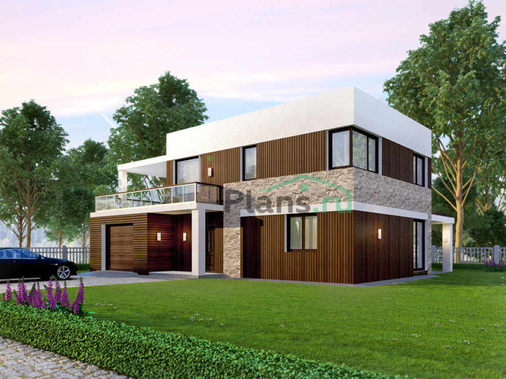Двухэтажный дом с плоской крышей и гаражом
