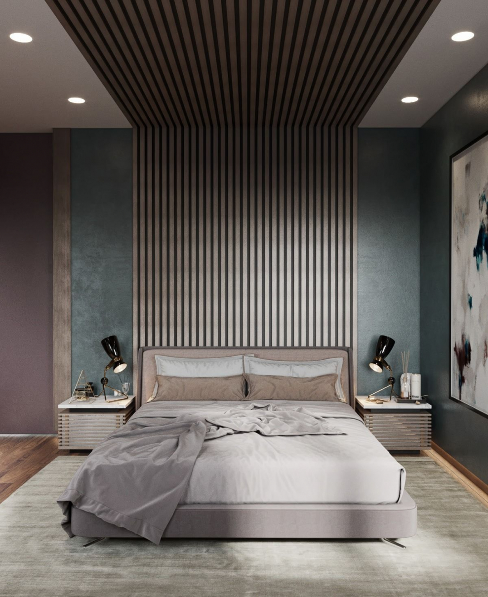 Деревянные рейки в спальне