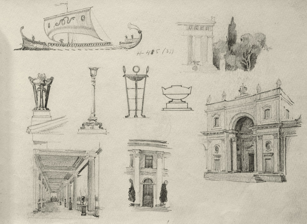 Архитектурное здание нарисованное в альбом