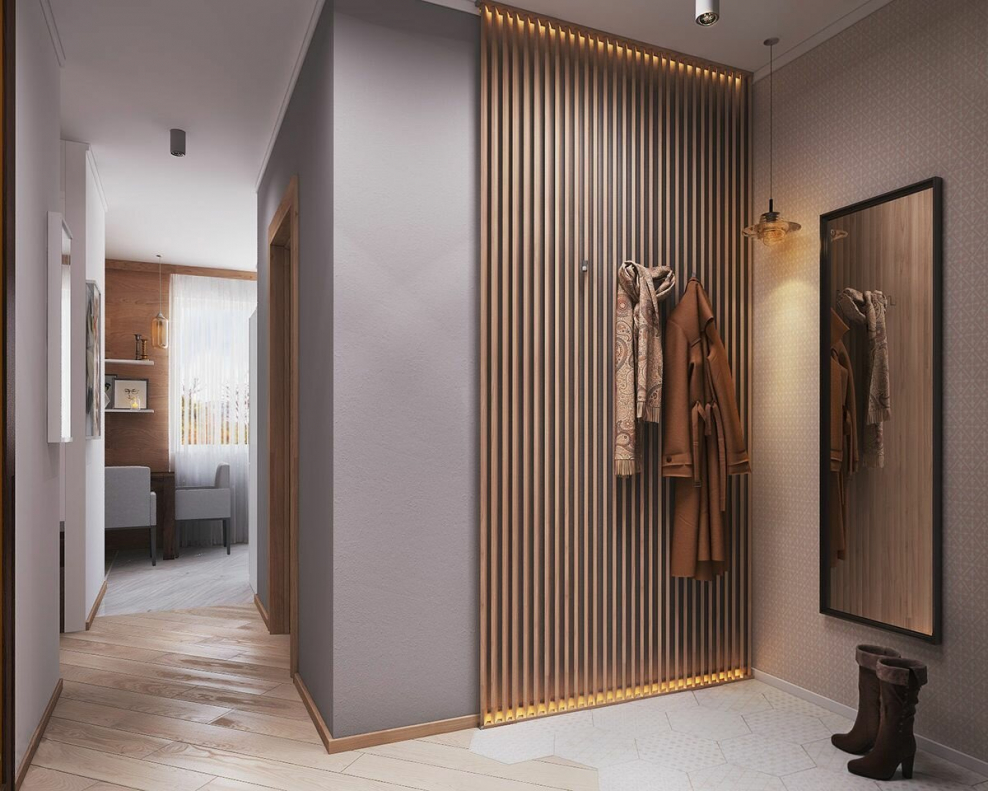 Прихожая с деревянными рейками