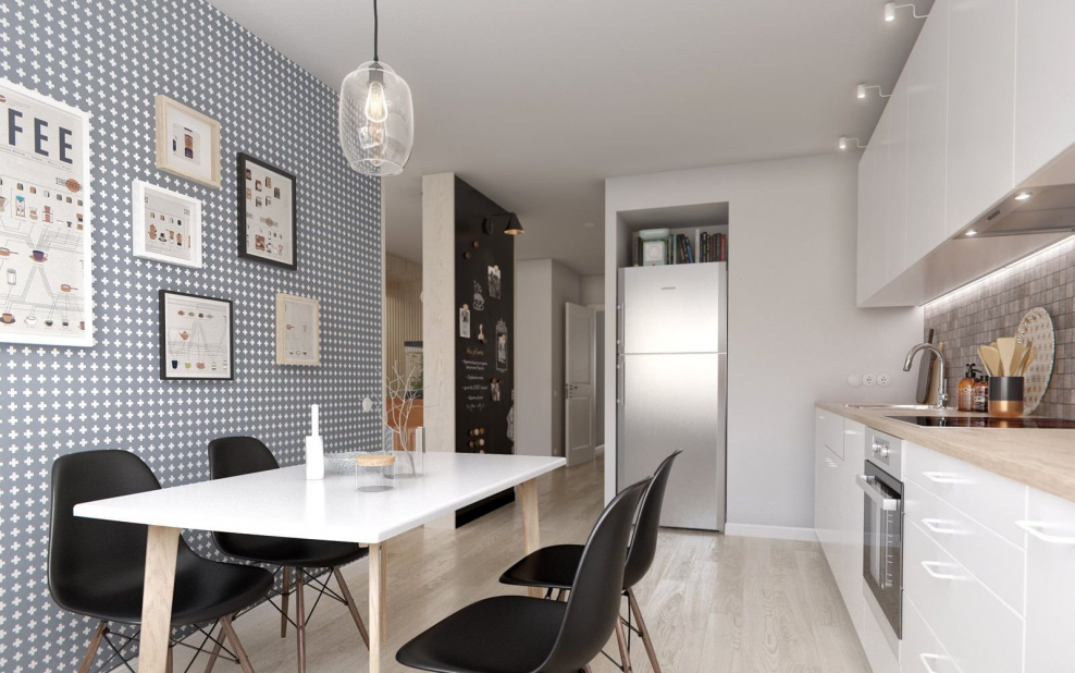 Кухня серая с сиреневыми стенами