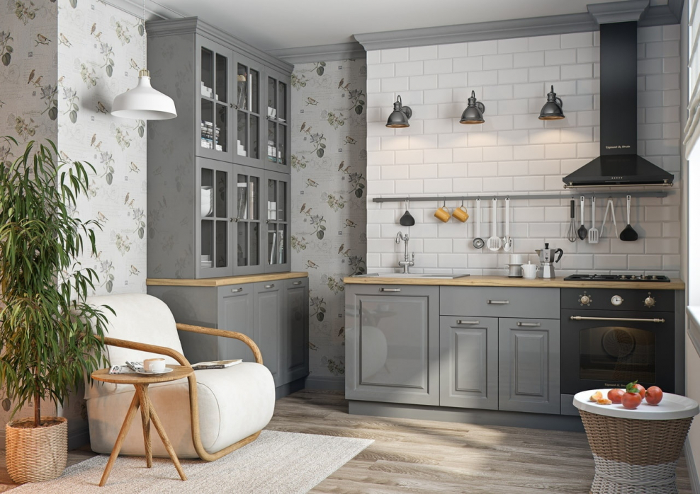 Интерьер кухни в бело серых тонах