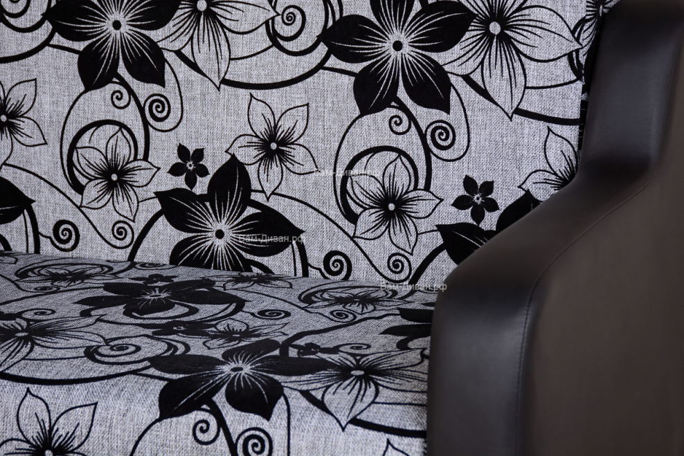 Диван-кровать "Мюнхен" 140 рогожка серая цветы и черный кожзам ППУ