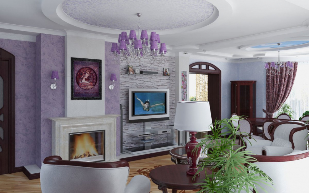 Гостиная в бежево сиреневых тонах