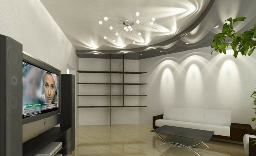 Двухуровневые натяжные потолки в гостиную