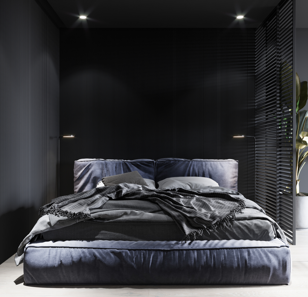 Спальня с черной кроватью